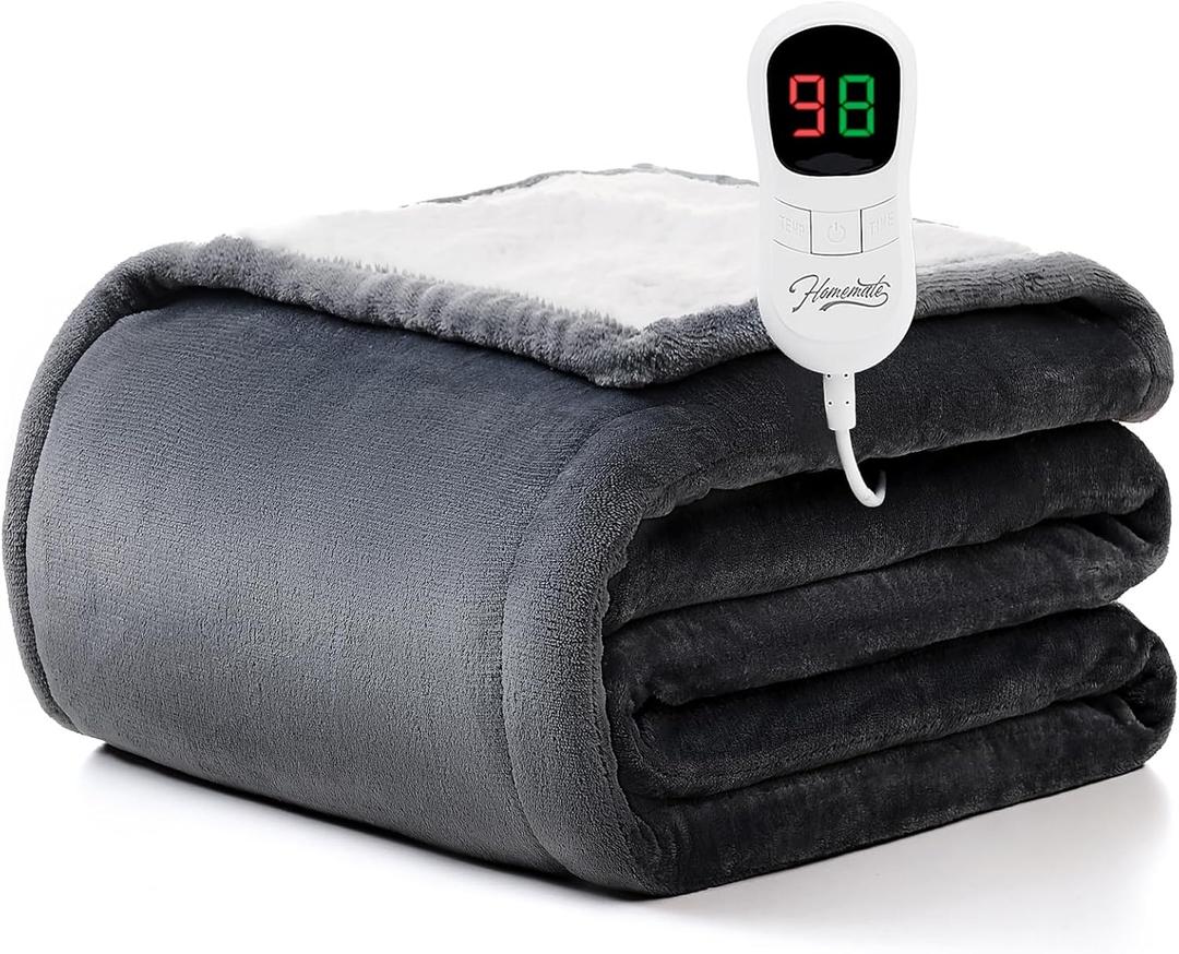 Homemate Heated Blanket Electric Throw - 50"x60" Heating Blanket Throw 1/2/4/6/8 Hours Auto-Off 10 Heat Level Over-Heat Protection Flannel Sherpa ETL Certification (01 - Light Grey)