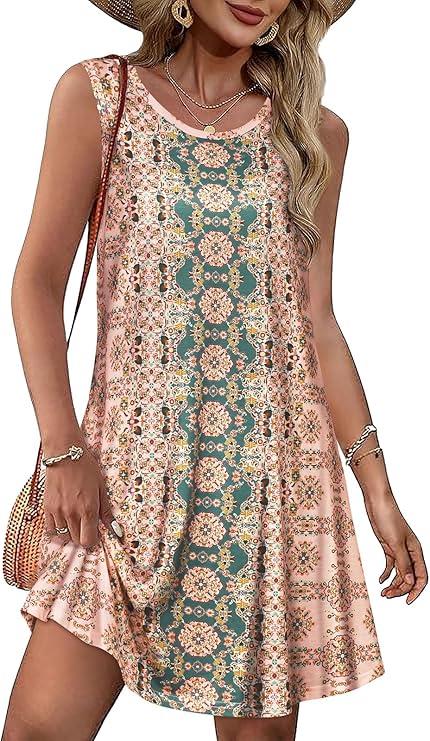 Summer Dresses for Women Beach Boho Sleeveless Vintage Floral Flowy Pocket Tshirt Tank Sundresses L