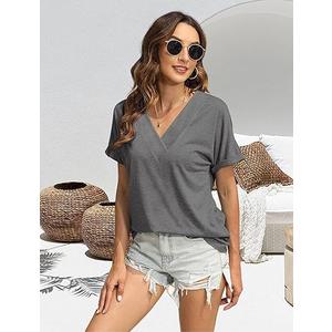 2PCS T Shirts Short Sleeve V Neck Tees Womens Fashion Tops Trendy Soft 2025 Casual Summer Spring Outfits Clothes (Large,dark Grey)