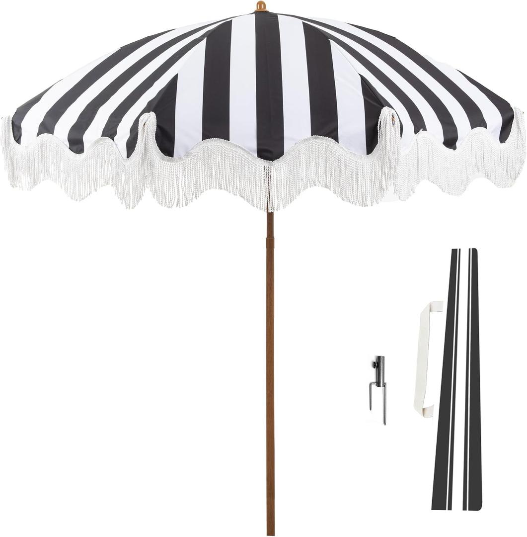 Rayjee 6.5FT Patio Umbrella with Fringe, UV Protection Beach Umbrella with Tilt & Adjustable Height, Includes Carry Bag & Ground Stake, Outdoor Umbrella for Pool, Garden, Backyard