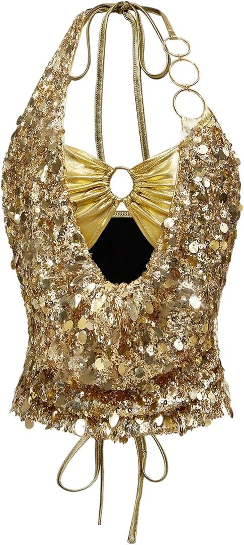 MakeMeChic Women's Metallic Glitter Sequin Halter Top Ring Linked Summer Y2K Party Tops Clubwear (Medium, Gold)