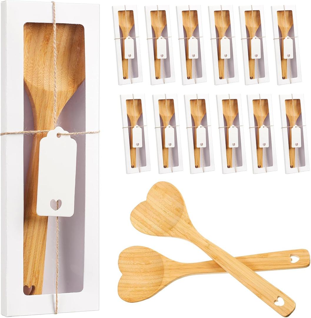 12 Set Heart Shaped Wooden Spoon Wedding Favor for Guests Bridal Shower Favors 11.8 Inch Bamboo Heart Spoons with Rope Gift Box and Tags for Guests Wedding Souvenir Bridal Shower Party