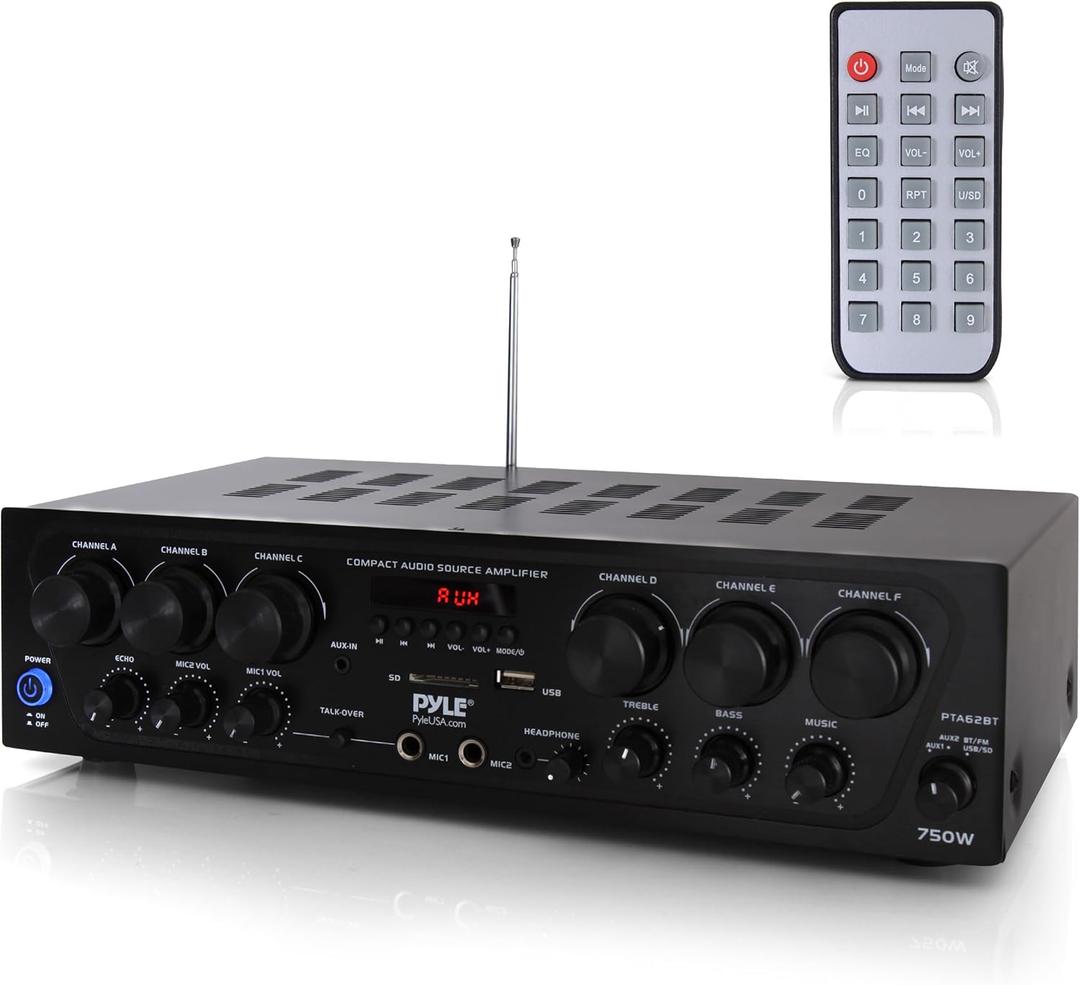 Pyle Wireless Bluetooth Home Audio Amplifier System-Upgraded 6 Channel 750 Watt Sound Power Stereo Receiver w/USB, Micro SD, Headphone,2 Microphone Input w/Echo, Talkover for PA - PTA62BT.5