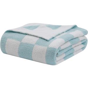 bearberry Fuzzy Checkerboard Grid Throw Blanket Soft Cozy Warm Microfiber All Season Blanket Decor for Couch Sofa Bed Travel Home (Baby Blue, 50''x60'')
