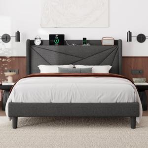 Feonase Full Size Bed Frame with Charging Station, Linen Upholstered Platform Bed Frame with Wingback Storage Headboard, Solid Wood Slats Support, No Box Spring Needed, Noise Free, Charcoal Grey