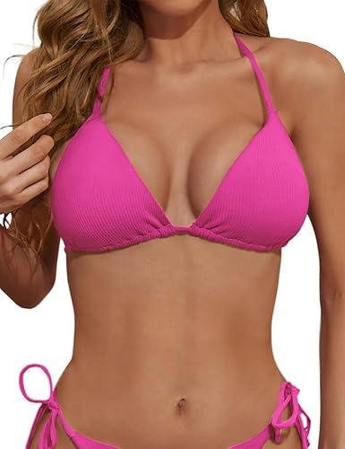 Women's Triangle Bikini Top Ribbed Push up Padded Halter String Bathing Suits Top (Large, Rose)