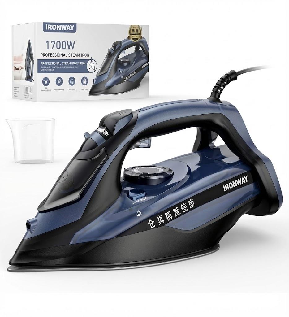 IronDaySteam Iron for Clothes 20s Fast Heat-up,1700W Iron with 14.07oz Large Water Tank,Non-Stick Ceramic Soleplate, Anti-Drip, Auto-Off, Burst Steam, Self-Cleaning, Ironing Clothes for Home, Blue 
