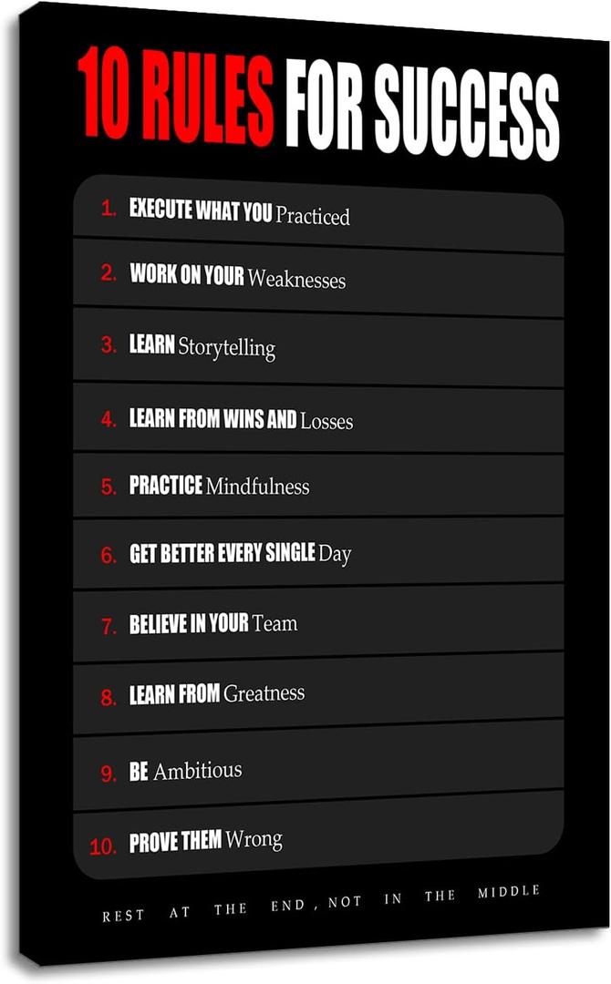 YSPCSUN Motivational Canvas Wall Art, 10 Rules for Success Quote Single Panel Framed Canvas Poster for Living Room Gym Office Decor, Black Red, 36x24inch