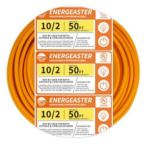 10/2 NM-B Wire,with Ground Indoor Electrical Copper Wire10 Gauge Wire 2 Conductor Non-Metallic Sheathed Copper Cable(50FT Orange)