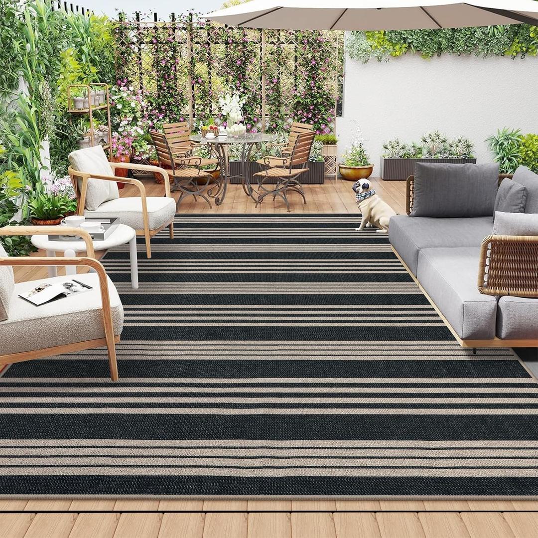 Lahome Striped 8x10 Easy Jute Rug, Washable Rugs for Living Room Dining Room Farmhouse Indoor Outdoor Carpet, Neutral Non Slip Non Shedding Black Carpet for Office Backyard Patio