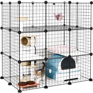 DIY Modular Cat Enclosure 3x3x2 Grid | Extra Large Indoor Cat Playpen | Foldable Black Wire Metal Cat Cage with Multi-Level Shelves | Approx. (43.7" x 29.5" x 43.3")