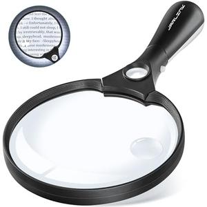 JARLINK Large Magnifying Glass with Light, 10X 20X 45X Illuminated Handheld Magnifier with 3 LED Lights for Seniors Reading, Inspection Coins Jewelry, Exploring, Black