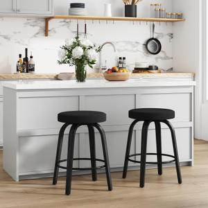 Swivel Bar Stools Set of 2, 24" Counter Height Backless Bar Stools, Fabric Upholstered Seat, Sturdy Curved Wood Legs, Mid-Century Modern Island Stools for Kitchen Bar, Dining Room, Black
