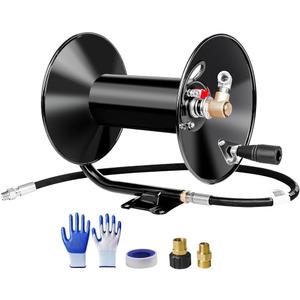 MEKOH Pressure Washer Hose Reel 100ftx3/8/130ftx1/4, 4000PSI Heavy Duty Power Washer Hose Reel with M22-14 Fitting, Hand Crank Metal Reel with Wall/Trailer/Van Mount, Manual Hose Reel for Water