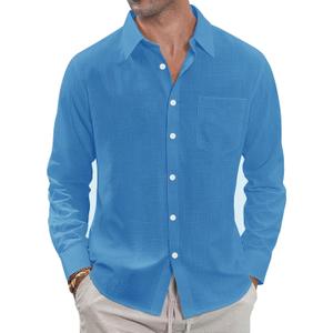 J.VER Men's Linen Shirts Casual Button Down Long Sleeve Shirt Solid Spread Collar Summer Beach Shirts with Pocket (XX-Large, Cobalt Blue)