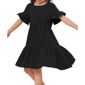 Geckatte Girls Dresses Summer Casual Floral Print Ruffle Short Sleeve Tiered Pleated Kids A-Line T-Shirt Dress (7-8 Years, Black)