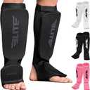 MMA Shin Pads for Muay Thai and Kickboxing, Protective Shin Guards with Instep Guard for Sparring and Training, for Adults, Kids, and Youth (All Black)