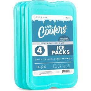 Cool Coolers by Fit & Fresh 4 Pack XL Slim Ice Packs, Quick Freeze Space Saving Reusable Ice Packs for Lunch Boxes or Coolers, Green