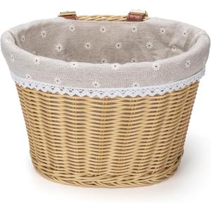 CXWXC Bike Basket - Front Bicycle Bike Basket for Girls Women - Handmade Woven Wicker Bike Baskets with Liner Detachable, Adjustable PU Straps, Medium