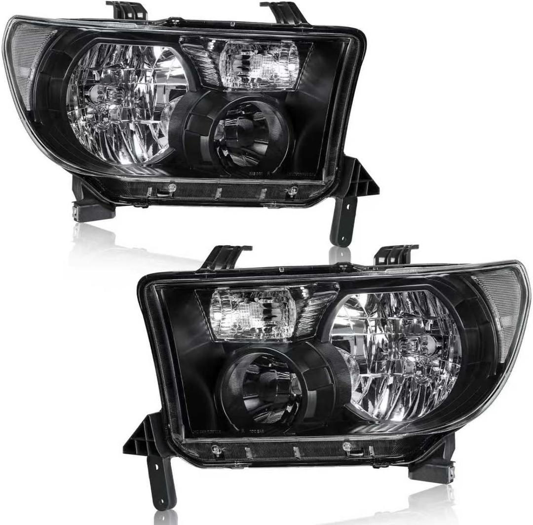 for 2007-2013 Toyota Tundra Headlights Assembly Compatible with 2008-2017 Toyota Sequoia 2 Headlamps Black Housing Clear Reflector