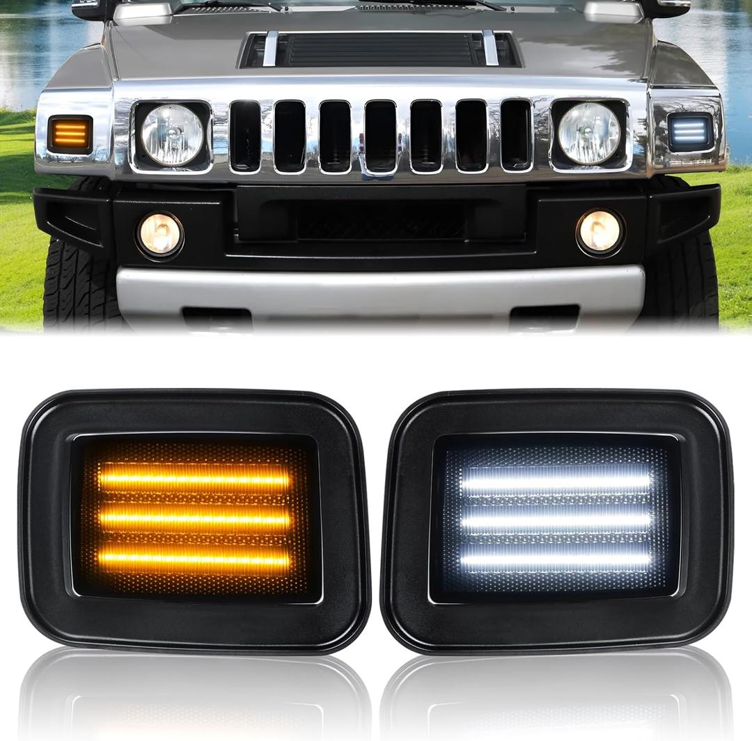 D-Lumina Smoked Len 3-Row Full LED Front Corner Side Marker Lights for Hummer H2 2003-2009, Amber Turn Signal Lights White Daytime Running Lights, Pack of 2
