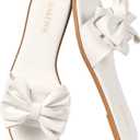 Women's Bow Flat Sandals Open Saquare Toe Sandals Comfortable Slide Slip On Sandals for Wedding Beach Vacation (White, 8.5)