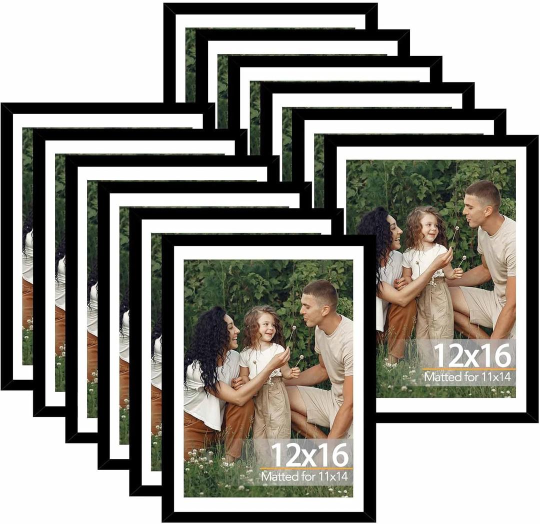 JCJMY 12 Pack 12x16 Picture Frame with 11x14 Mat, Display 11x14 with Mat or 12x16 Without Mat, 12 by 16 Frames Bulk Set of 12 Collage Gallery Wall Decor Photo Frames Set for Wall, Black
