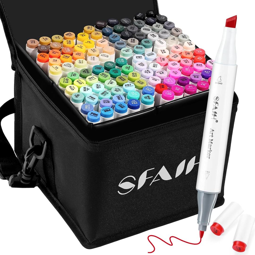SFAIH Alcohol Markers Fine & Chisel - 121 Colors Dual Tip Coloring Markers for Adult Coloring Sketch Illustration -Leather Storage Box, No-Bleed Sheet, Seamless Blending, Greeting Card - Refillable