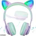 Riwbox Kids Wireless Headphones, CT-7S Cat Ear Bluetooth, 85dB Volume Limiting, LED Light Up Over Ear with Microphone for Laptop/PC/TV (Purple&Green)