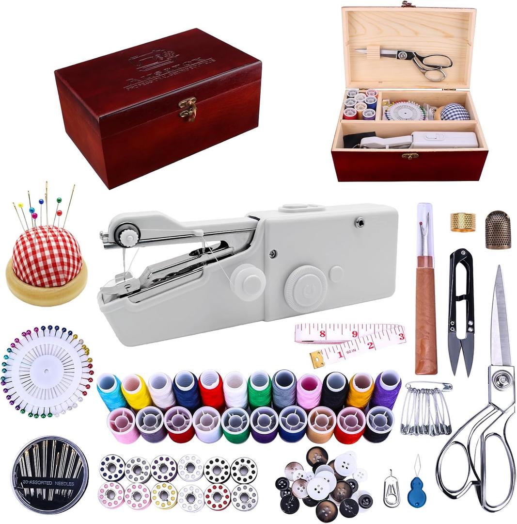 Hand Held Sewing Machine, with Red Wooden Sewing Box and 143 PCS Sewing Kit, Mini Portable Handheld Sewing Machine for Adults and Beginners, with a Power Adapter and Heavy-Duty Scissors