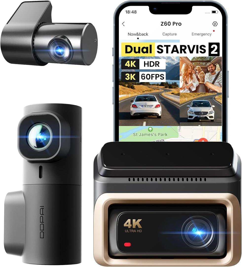 DDPAI 4K 3 Channel Dash Cam, 4K+2K+1080P Front Inside Rear Car Camera, Dual STARVIS 2 Dashcam With Bulit-in 32G eMMC,3K 60FPS,4G LTE Support,5G WiFi GPS,3" IPS,Night Vision,Parking Mode, Z60 Pro Link