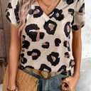 SweatyRocks Women's V Neck Leopard Print Tops Casual Short Sleeve T Shirts Fall Outfits (XL)