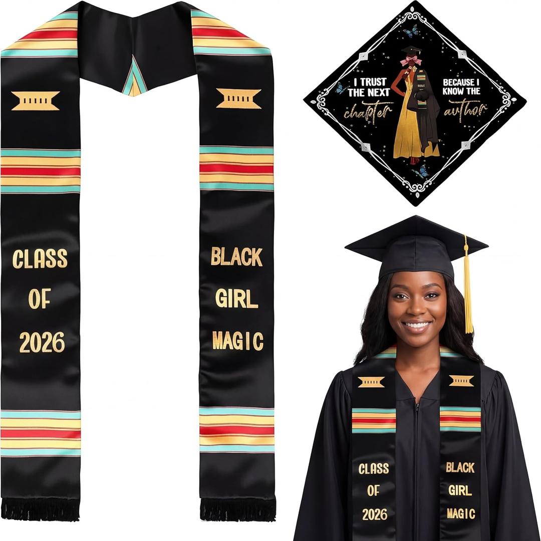 Dunzoom 2026 Kente Graduation Stole and Cap Black Girl Magic Stole Sash African Inspirational Custom Women