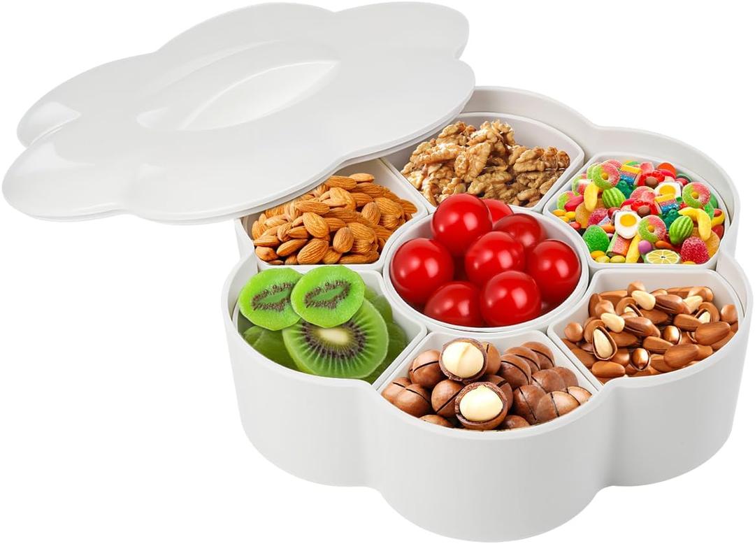 Divided Serving Dishes with Lid, Melamine Appetizer Tray with 7 Removable Compartment, Divided Serving Platter for Chips and Dip, Nuts and Snacks, White