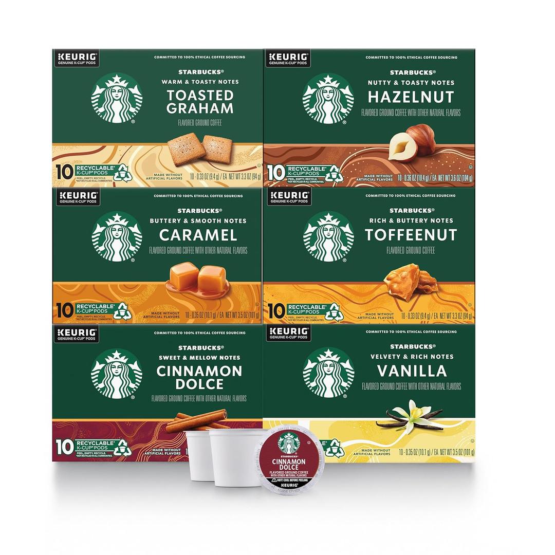 Starbucks K-Cup Coffee Pods—Flavored Coffee—Variety Pack for Keurig Brewers—Naturally Flavored—100% Arabica—6 boxes (60 pods total), 
Best BY: 04 SEP 2025
