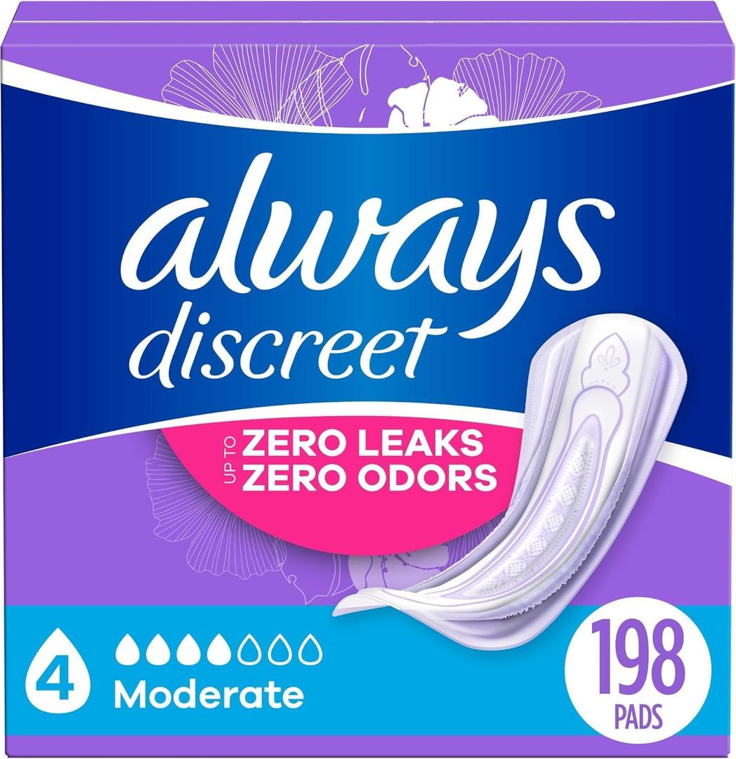 Always Discreet Adult Incontinence Pads for Women, Moderate Absorbency, Regular Length, Postpartum Pads, 198 CT (66 Count (Pack of 3))