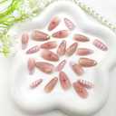 Almond Press on Nails Medium Fake Nails French Tip Acrylic Nails Golden Glitter Glue on Nails with Flower Rhinestones Pearls Lines Irregular Pattern Designs Light Pink Stick on Nails for Girls 24 Pcs