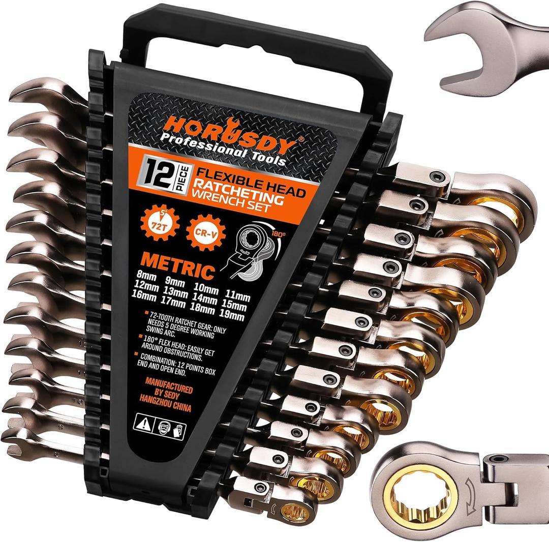 HORUSDY 12-Piece Metric Flex-Head Ratcheting Wrench Set with Organizer | 8-19 mm Ratchet Combination Wrenches Set | 72-Teeth | Chrome Vanadium Steel
