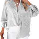 Womens Smocked Cuffed Striped Boyfriend Shirt Casual Collar Long Sleeve Oversized Button Down Blouse Tops with Pocket Shirred. L Size