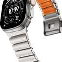 NewWays Stainless Steel & Silicone Hybrid Band for Apple Watch Ultra 3 2 1 49mm Series 11/10 46mm 45mm 44mm Series 4 5 6 7 8 9 10 11 SE Link Bracelet Magnetic Clasp Strap Sport Metal Band for Men (Titanium w/ Orange)