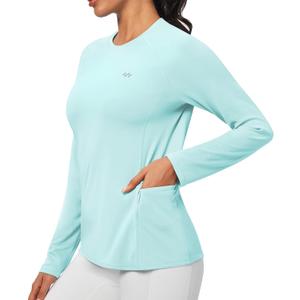 Rash Guard for Women UPF 50+ SPF UV Protection Long Sleeve Workout Tops Swim Shirt Dry Fit Sun Shirts with Pockets (Small, Light Green)