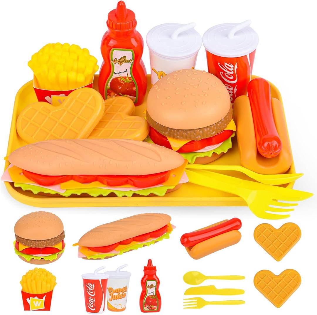 Pretend Play Fast Food Set,Play Food for Kids with Take Apart Burger and Hot Dog Plastic Toys Food,Play Kitchen Accessories Role Play Toys Christmas Birthday Gift for Kids Toddler Boys Girls, child-size