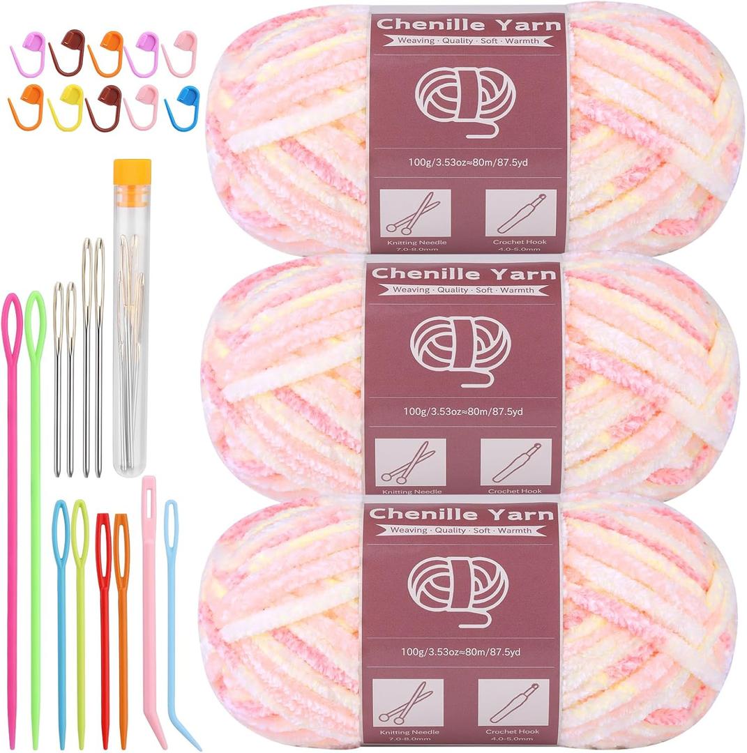 LUNARM Chenille Yarn for Crocheting Knitting, 3 Skein 10.58 oz / 263 Yard Thick Soft Chunky Fluffy Weaving Plush Yarn for Blankets Clothes Pattern with Big Eye Needles(Peach Pink Gradient)