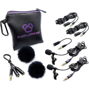Purple Panda Dual Interview Lavalier Lapel Microphone Kit (2 Pack) for Podcast - Professional Omnidirectional Clip On Lav Mic - Compatible with iPhone, Android, DSLR Camera, Samsung, Zoom, Tascam