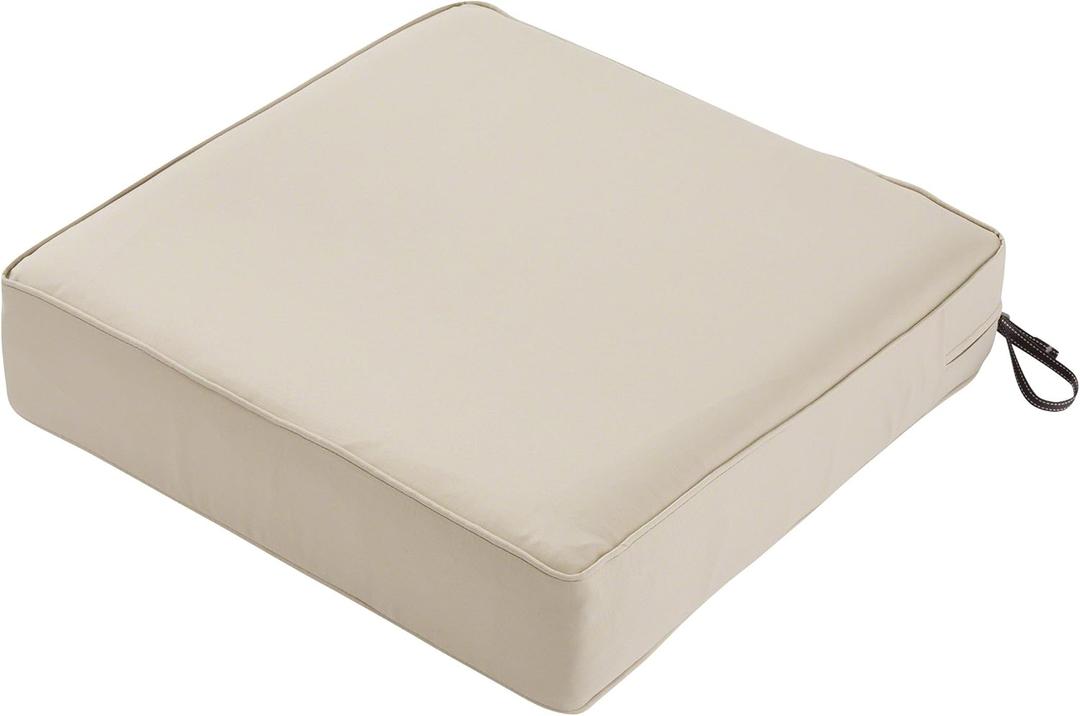 Classic Accessories Montlake Water-Resistant 25 x 25 x 5 Inch Outdoor Seat Cushion, Durable Patio Furniture Cushion with Straps,Antique Beige, Outdoor Cushion Cover