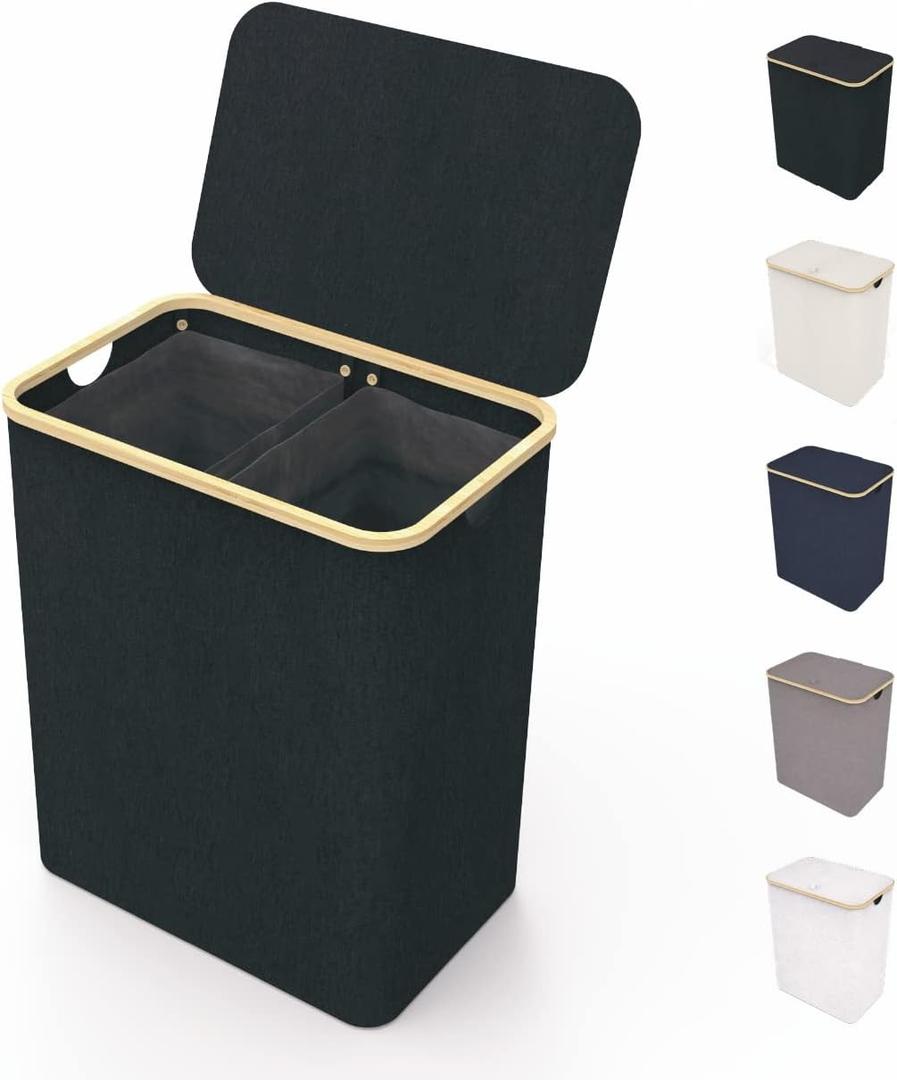 LONBET Laundry Basket with Lid, Made from Breathable Fabric | Aesthetic Clothes Hampers for Laundry with Side Handles & Sturdy Bamboo Frame (40 Gallons - Double, Black)