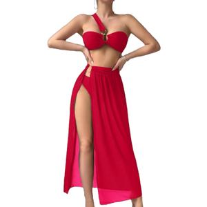 Women's 3 Piece Bathing Suits One Shoulder Bikini Set with Cover Up Skirts (X-Large, Red)