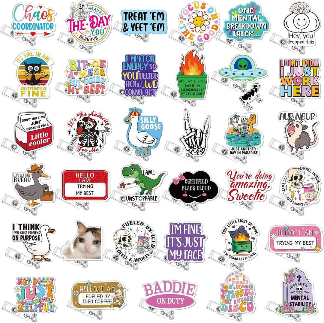 Geyoga 36 Pcs Funny Badge Reel Cute Nurse Badge Reel Retractable Nurse Quote Name ID Clip Cute Nursing for Doctor Teacher Employee Office Assistant Supplies Bulk Gifts(Funny)