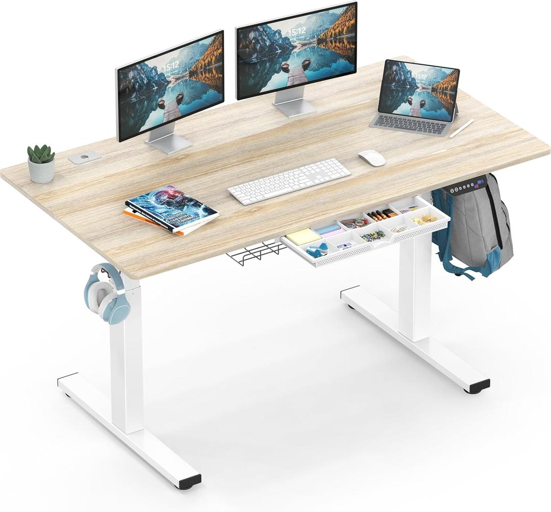 SHW 55 x 28 Inches Electric Height Adjustable Standing Desk with Drawer and Memory Preset, Maple