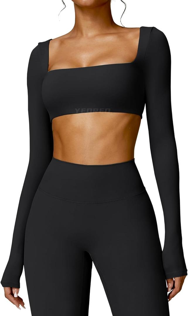 YEOREO Kyla Women Crop Top Long Sleeve Padded Sports Low Medium Impact Yoga Shirt Workout (Large, Black)